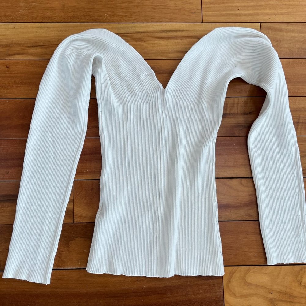 White Ribbed Long-Sleeve V-Neck Off Shoulder Women's Top